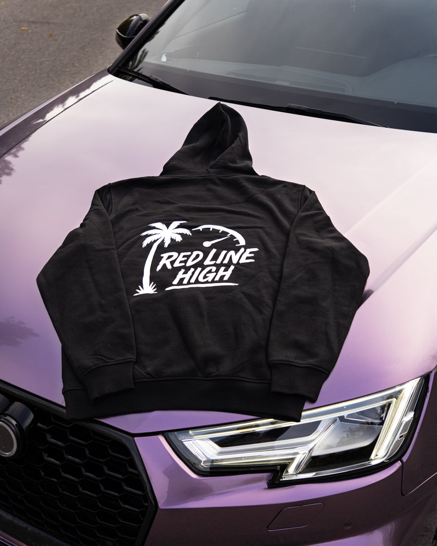 Black Red Line High automotive hoodie with white logo and text